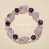 Amethyst Stress Relief Bracelet with irregular Amethyst, 9.8mm beads, and Clear Quartz for calm and spiritual balance.